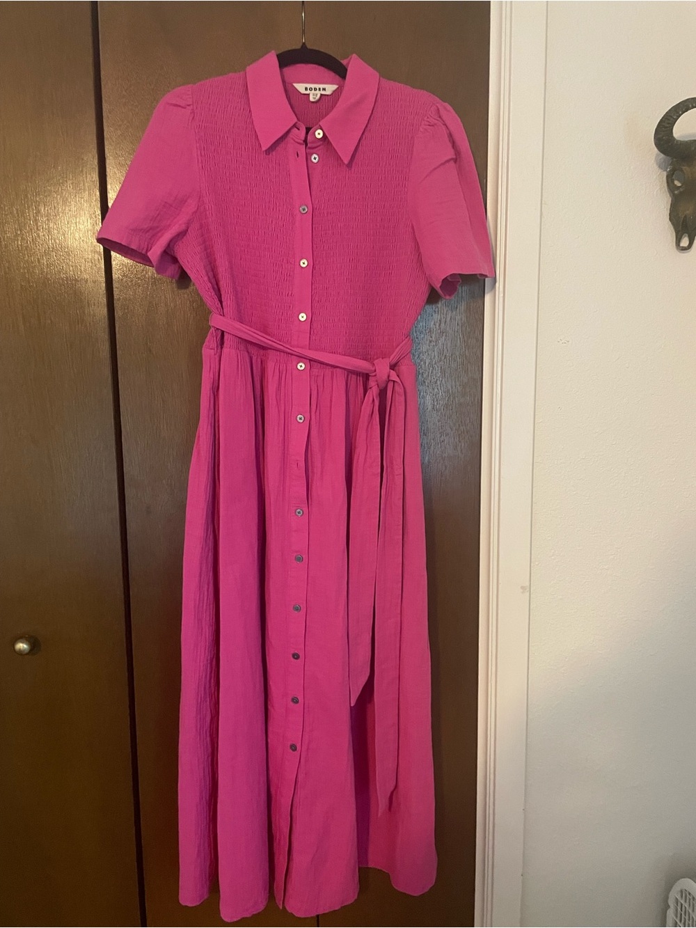 Boden Hot Pink Button-Front Midi Shirt Dress with Tie Waist